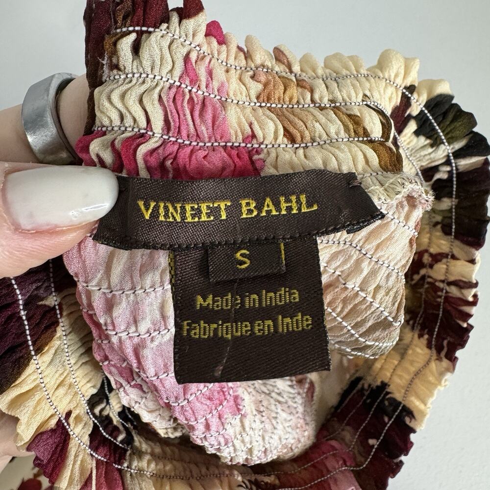 Vineet Bahl Watercolor Hibiscus Mini Dress Womens Small Cream Pink‎ Smocked Boho - Picture 11 of 16